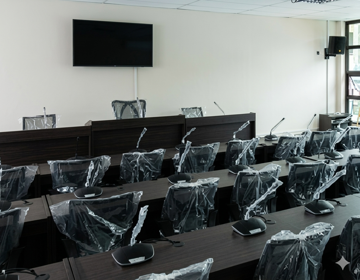 Complete conference setup with integrated audio-video system