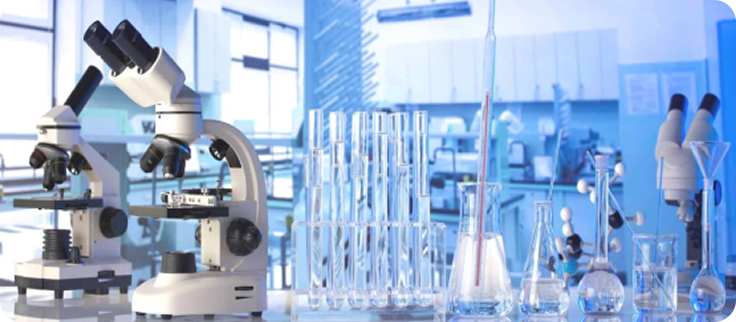 Modern science laboratory with microscopes and glassware